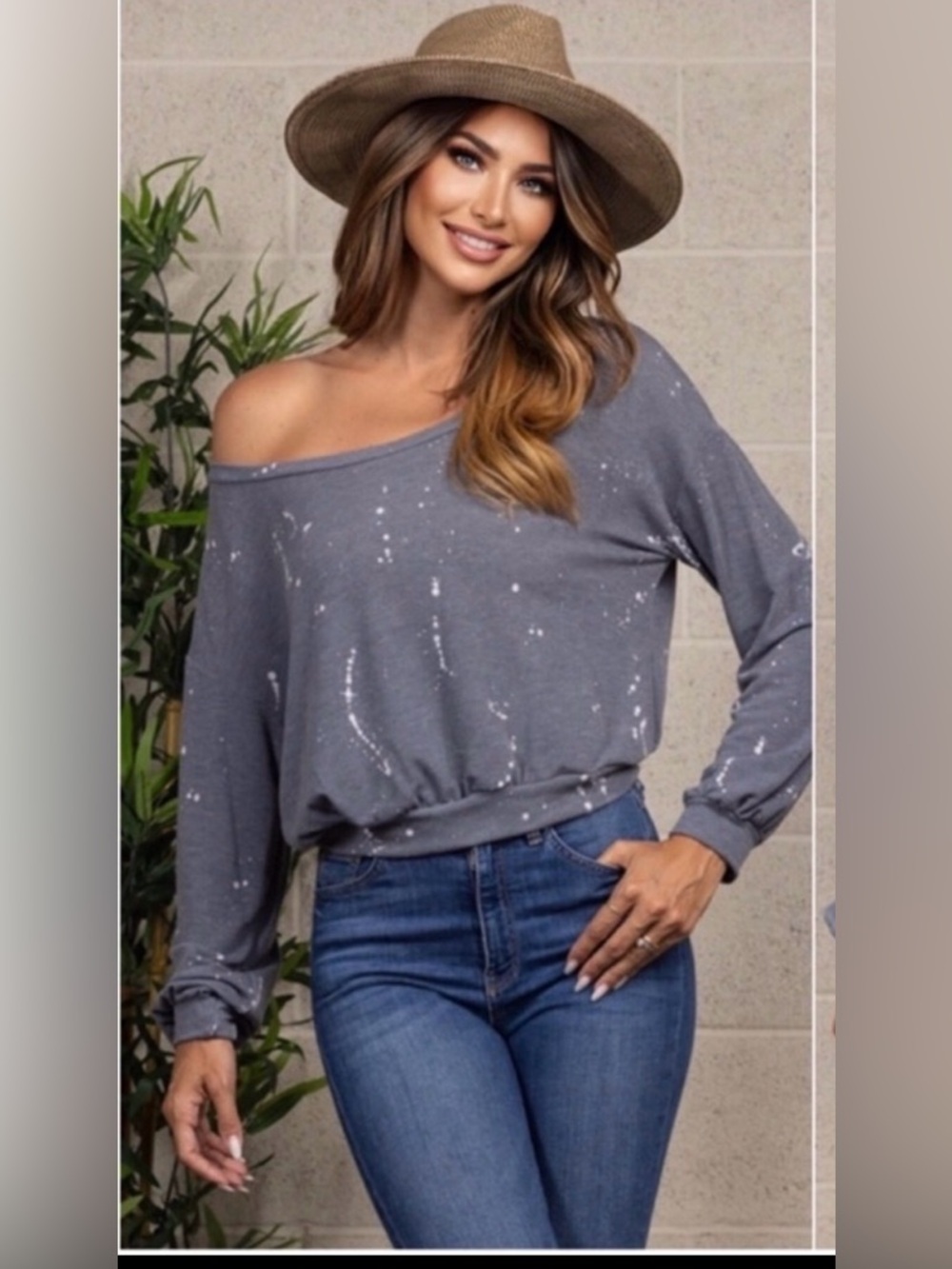 New USA MADE Women's Gray White Splatter Print Off Shoulder Soft Fall Top